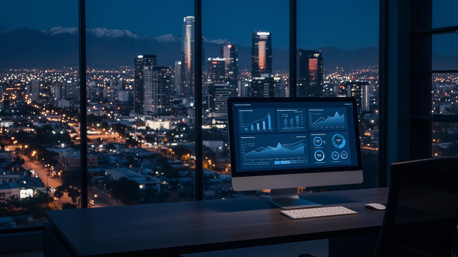Vista nocturna de Neuquén con dashboards empresariales